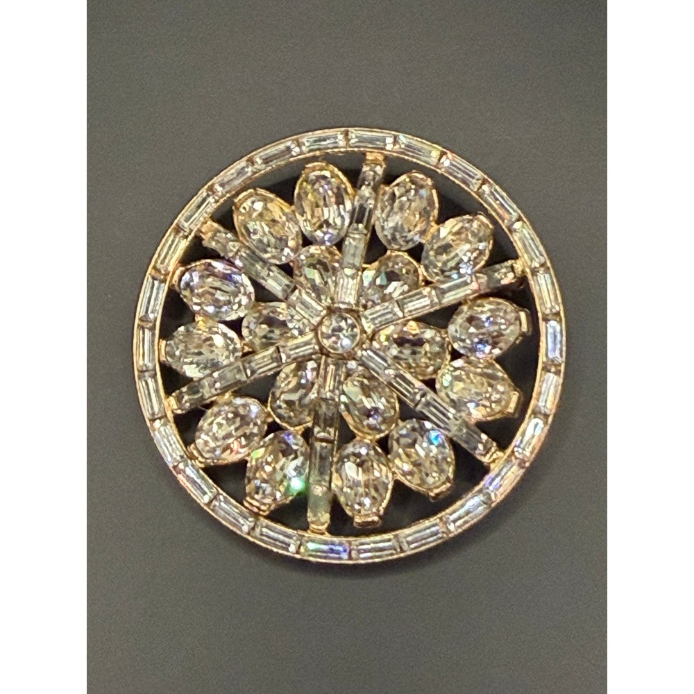 Vintage Trifari Rhinestone Sunburst Brooch Gold Tone Baguette Oval Pin Pat Pend